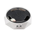 Hexagonal pet toy with a gray cushion and a small white mouse toy inside, on a white background.