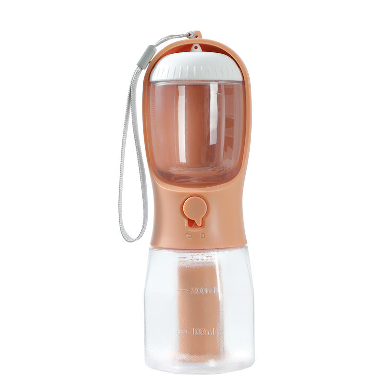 Pet water bottle with a transparent container and peach-colored lid and base on a white background