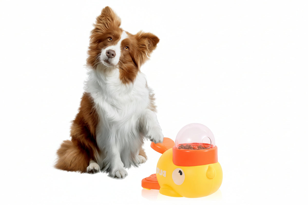 Dog interacting with a toy designed to dispense food, with text indicating it makes dogs happy.